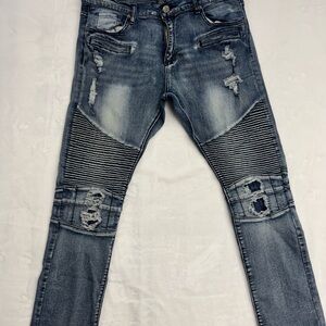 True Luck Moto Biker Blue Jeans Men 34x30 Distressed Slim Fit Ribbed Streetwear